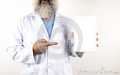 doctor points his finger at the tablet screen Stock Photo