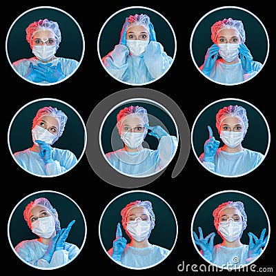 doctor portrait collage female surgeon set of 9 Stock Photo