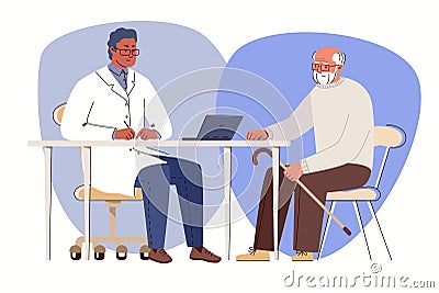 Doctor Prescribes Medicine to Old Man. Health Center. Geriatric Care of Elderly Patient. Cartoon Illustration