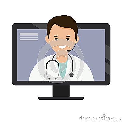 The doctor prescribes treatment online. The attending physician consults via the Internet. Vector Illustration