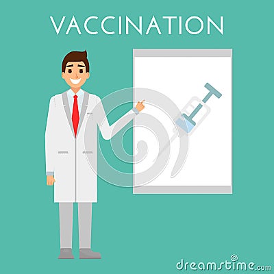 Doctor present vaccination. Medical syringe in flat style, concept of flue treatment and health care, injection Vector Illustration