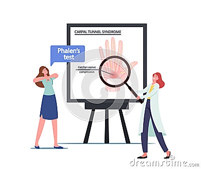 Doctor Presenting Infographics with Carpal Tunnel Syndrome due to Median Nerve Compression in Wrist. Phalen Test Vector Illustration