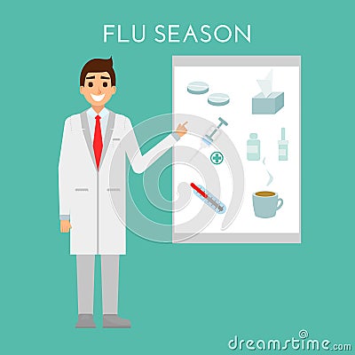 Doctor presents flu and cold season. Medical people health care character concept design. Vector flat design. Pharmacist Vector Illustration