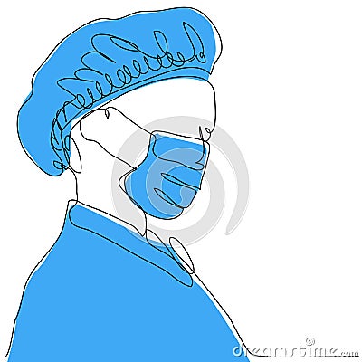 Doctor in a protective mask and a blue cap in one line. Vector Illustration