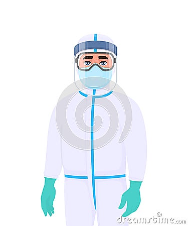 Doctor in protective suit and respirator. Medical staff or surgeon wearing PPE with face shield, latex gloves. Physician covering Vector Illustration