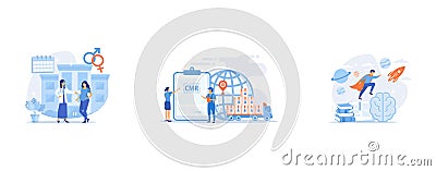 Doctor provides health services to pregnant woman and during labour, Worldwide logistics and distribution contract, Open book, Vector Illustration