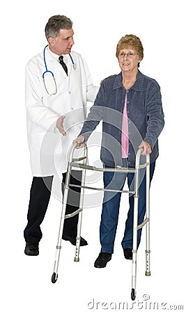 Doctor Patient Senior Woman, Walker, Isolated Stock Photo