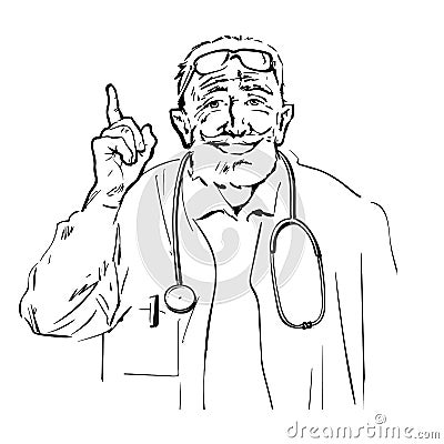 Doctor recommended. Smiling senior physician talking and pointing finger up. Vector Vector Illustration
