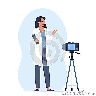 Doctor records video with training medical lecture, standing in front of the camera. Online medical seminar, lecture, healthcare Vector Illustration