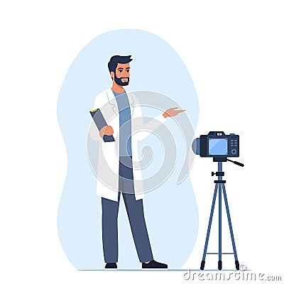 Doctor records video with training medical lecture, standing in front of the camera. Online medical seminar, lecture, healthcare Vector Illustration