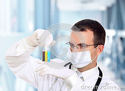 Doctor resarch a medical test glass with urine. Stock Photo