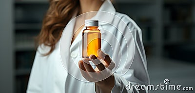 Doctor's advice Female physician holds and presents a vital medicine bottle Stock Photo
