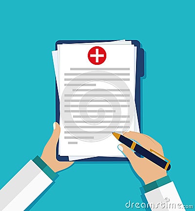 Doctor`s hand fill healthcare form. Personal health form. Medical clipboard with prescription. Checkup of patient in clinic. Huma Cartoon Illustration