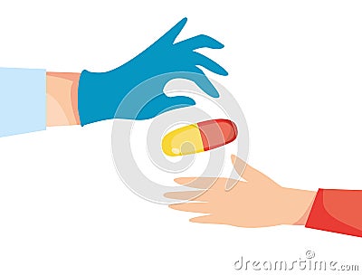 Doctor`s hand in medical latex glove gives a pill vector iilstration. Prescribing a medicine drug to a patient. Vector Illustration