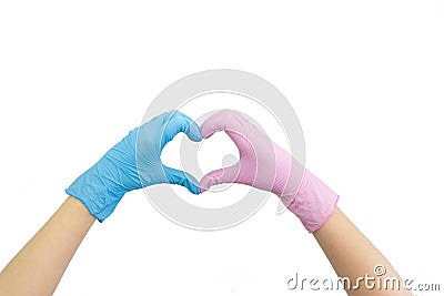 Doctor`s hands in blue and pink gloves making heart shape isolated on white. Woman`s hand gesture or sign. Virus Stock Photo