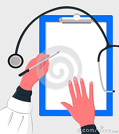 Doctor s hands writing information on tablet sheet Vector Illustration