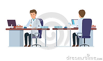 Doctor`s office. Front, back view of doctor in treatment room. Vector Illustration