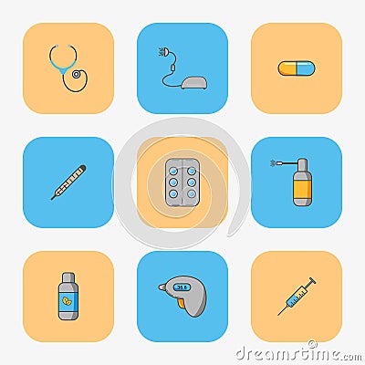 Doctor`s set of simple icons for treating diseases such as flu and chill. Vector Illustration