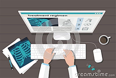 Doctor`s table workplace. Medicine concept. X-ray lungs, computer and pen. Vector Illustration