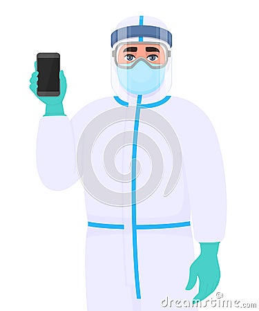 Doctor in safety protection suit, medical mask, glasses and face shield showing phone. Physician holding mobile, cell Vector Illustration