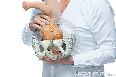 The doctor schematically on the layout shows the process of passing the child through the birth canal of a woman Stock Photo