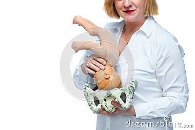 The doctor schematically on the layout shows the process of passing the child through the birth canal of a woman Stock Photo