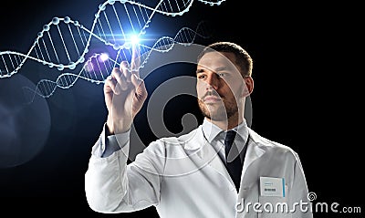 Doctor or scientist in white coat with dna Stock Photo