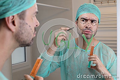 Doctor with self esteem issues experimenting on his own face Stock Photo