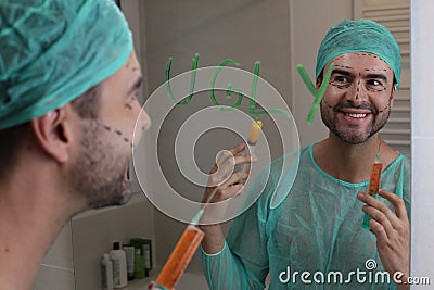 Doctor with self esteem issues experimenting on his own face Stock Photo