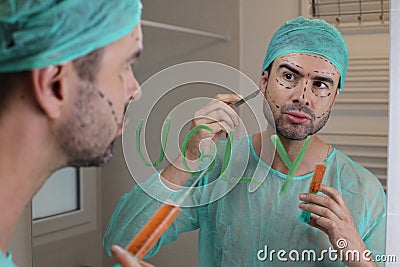 Doctor with self esteem issues experimenting on his own face Stock Photo