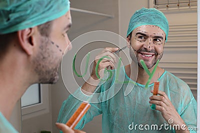 Doctor with self esteem issues experimenting on his own face Stock Photo