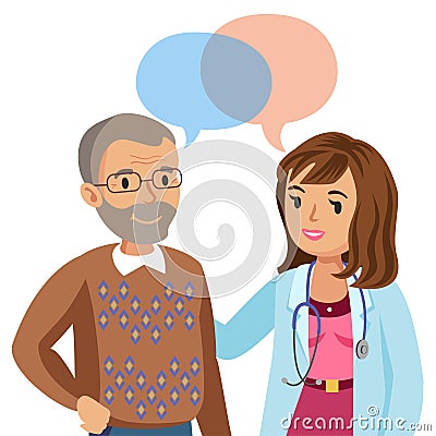 Doctor and senior patient. Man talking to physician. Vector Vector Illustration