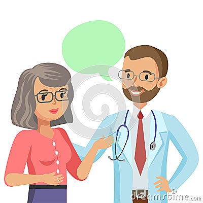 Doctor and senior patient. Woman talking to physician. Vector Vector Illustration