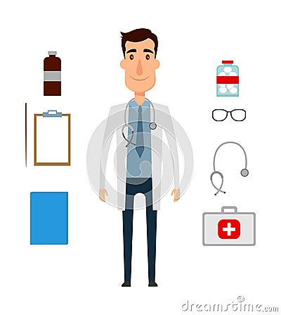 A doctor set of a man with medicine elements. Flat and cartoon style. Vector illustration on white background. Vector Illustration