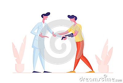 Doctor Shaking Hand to Invalid Handicapped Man with Arm Bionic Prosthesis, Patient Visiting Clinic or Hospital Vector Illustration