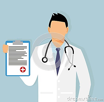 Doctor with a sheet of assignment in his hand. gynecologist in office vector illustration. Medical doctor with stethoscope Vector Illustration