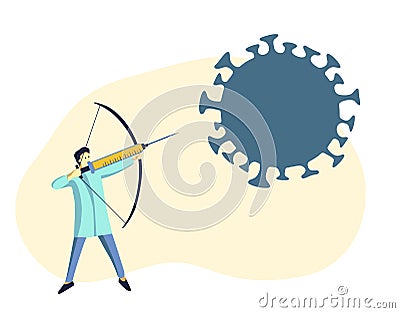 Doctor shooting an arrow with syringe with vaccine to covid corona virus. Vector concept for coronavirus immunization Vector Illustration