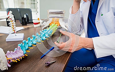 Doctor show polyaxial screw on the spine model. Spine fixation systems Stock Photo
