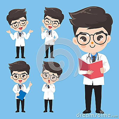 Doctor show a variety of gestures and actions in work clothes Vector Illustration