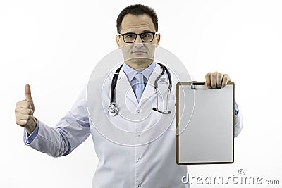 Doctor showing like sign holding blank clipboard. Approved by doctors concept Stock Photo