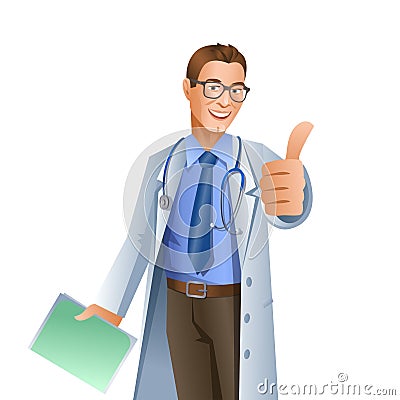 Doctor showing okay gesture isolated on white background. Vector Vector Illustration