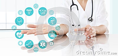 Doctor showing pill medicine with icons. Health care and medical Stock Photo