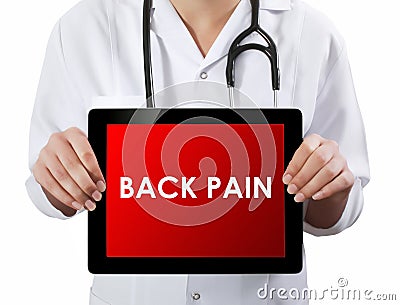 Doctor showing tablet with BACK PAIN text Stock Photo