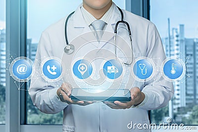 Doctor shows contact icons emergency medical care Stock Photo