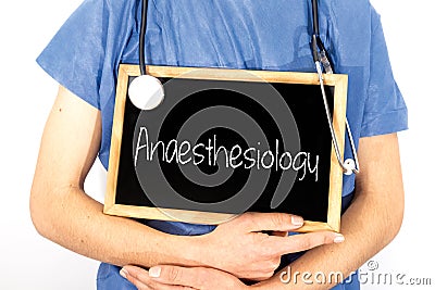 Doctor shows information on blackboard: anaesthesiology. Medical concept Stock Photo