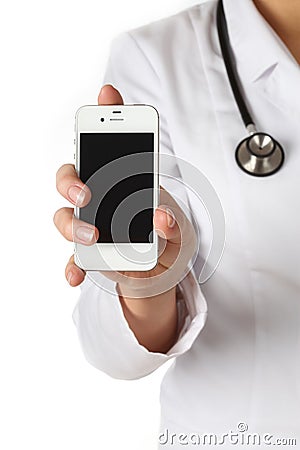 Doctor shows a mobile phone Stock Photo