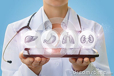 Doctor shows in the tablet icons with human organs . Stock Photo