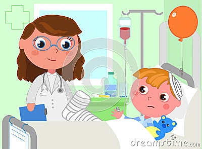 Doctor and sick boy in hospital Vector Illustration