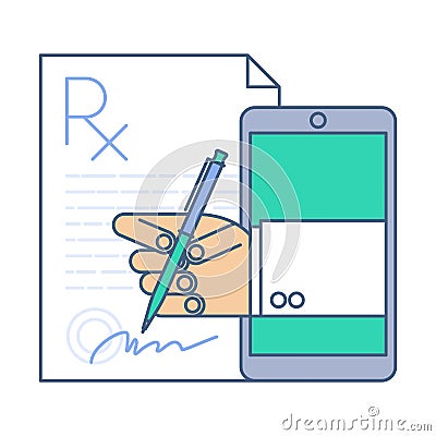 Doctor signing a prescription rx blank by phone. Online medicine Vector Illustration
