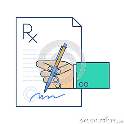 Doctor signing a rx prescription document. Vector Illustration